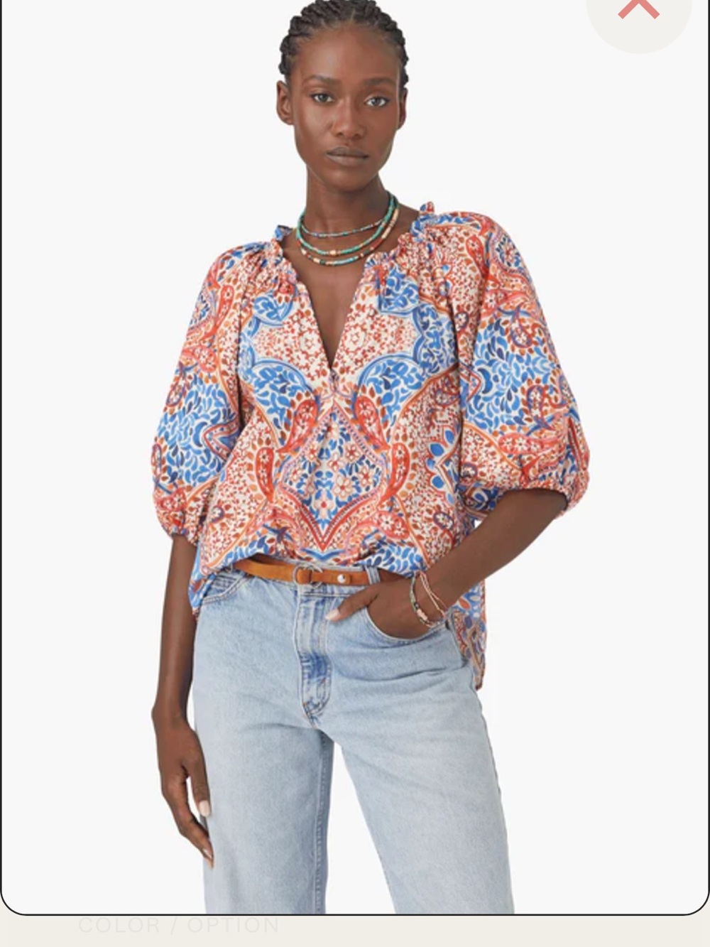 XiRENA Jules Top Terra Mosaic Print boho Puff Sleeve Ruffle V-Neck Cotton S